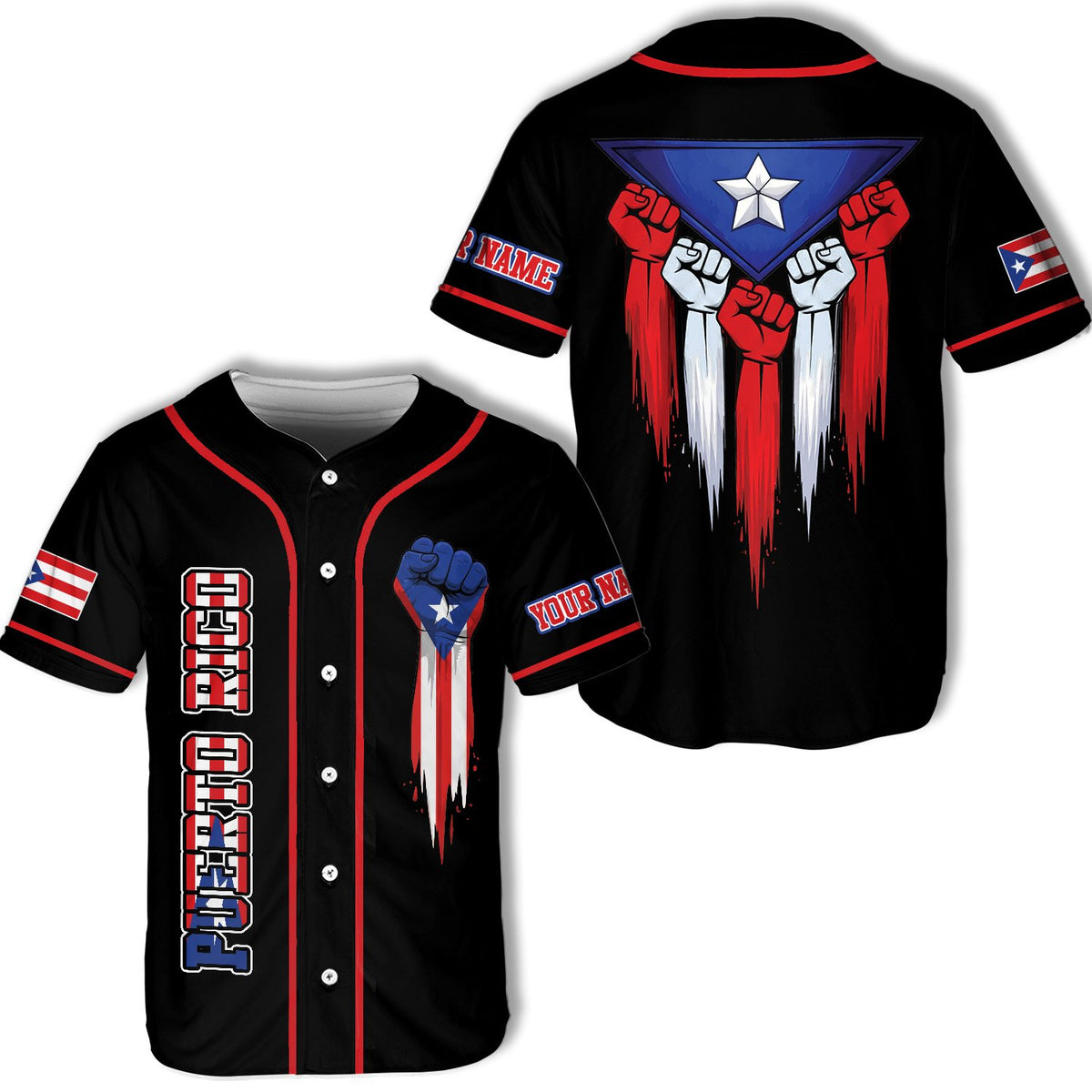 Personalized black baseball jersey puerto rico flag design, front view