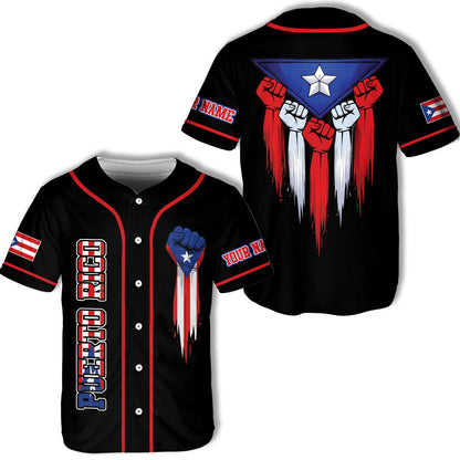 Personalized black baseball jersey puerto rico flag design, front view