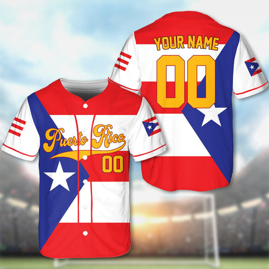 Main view of the personalized red puerto baseball jersey showing custom name and number