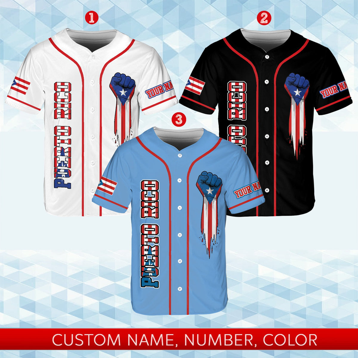 White puerto baseball jersey featuring flag and fist graphic, front view
