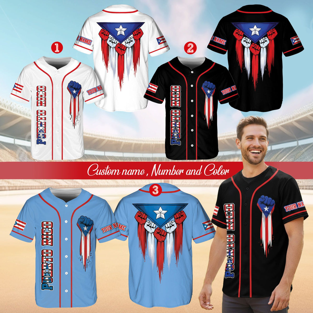 Third lifestyle view of the puerto rico flag baseball jersey