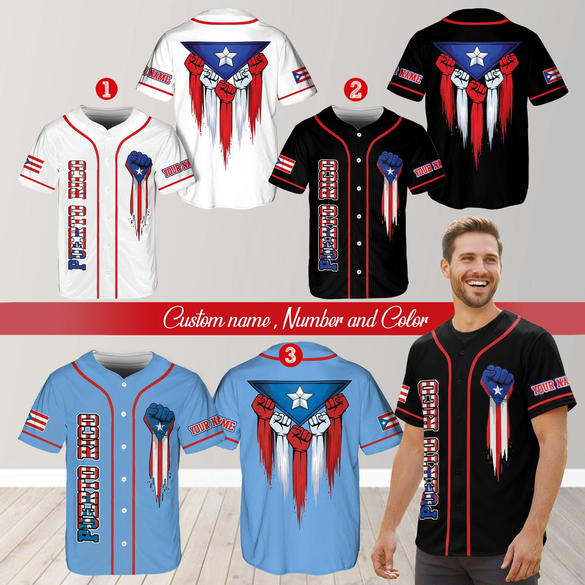 Lifestyle view of adult wearing the personalized baseball jersey