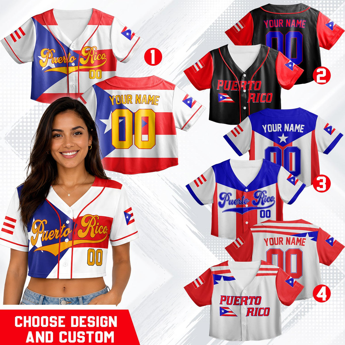 Lifestyle view of multicolor personalized puerto rico baseball jersey on model