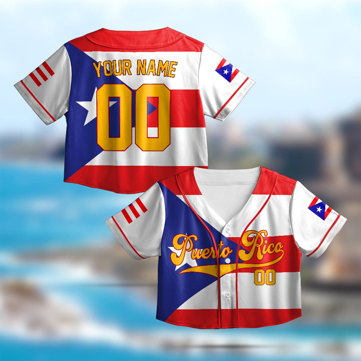 White custom baseball jersey with Puerto Rico design, front view