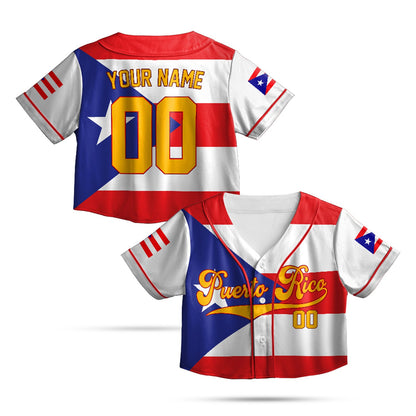 Personalized puerto rico baseball jersey in white with custom name and number, front view