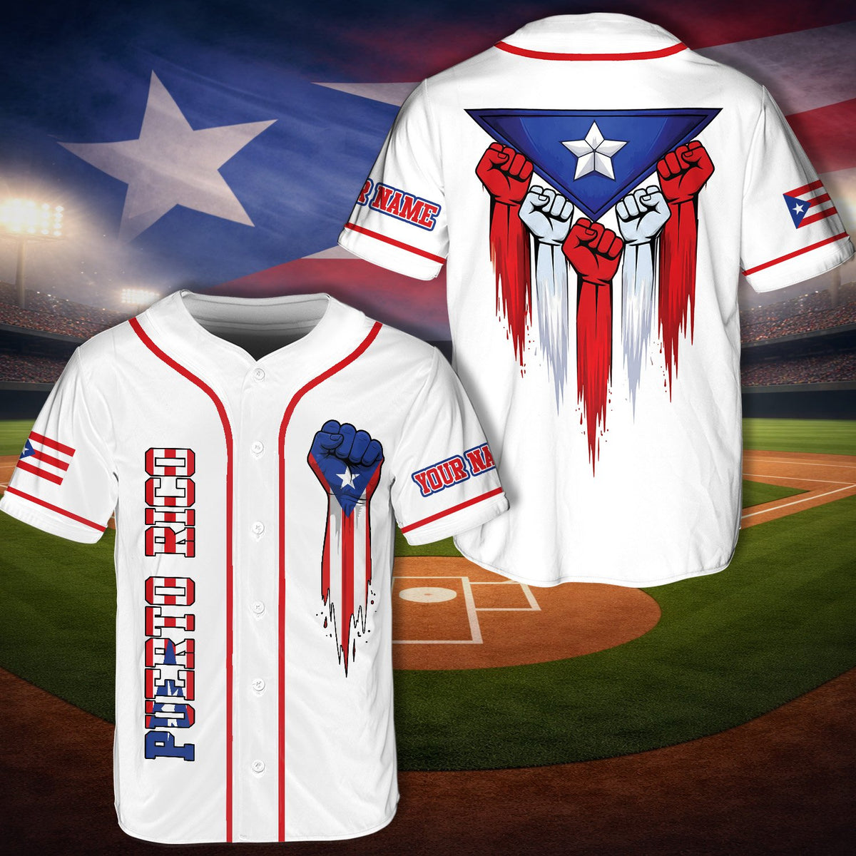 Personalized baseball jersey puerto rico flag design, main view alternate