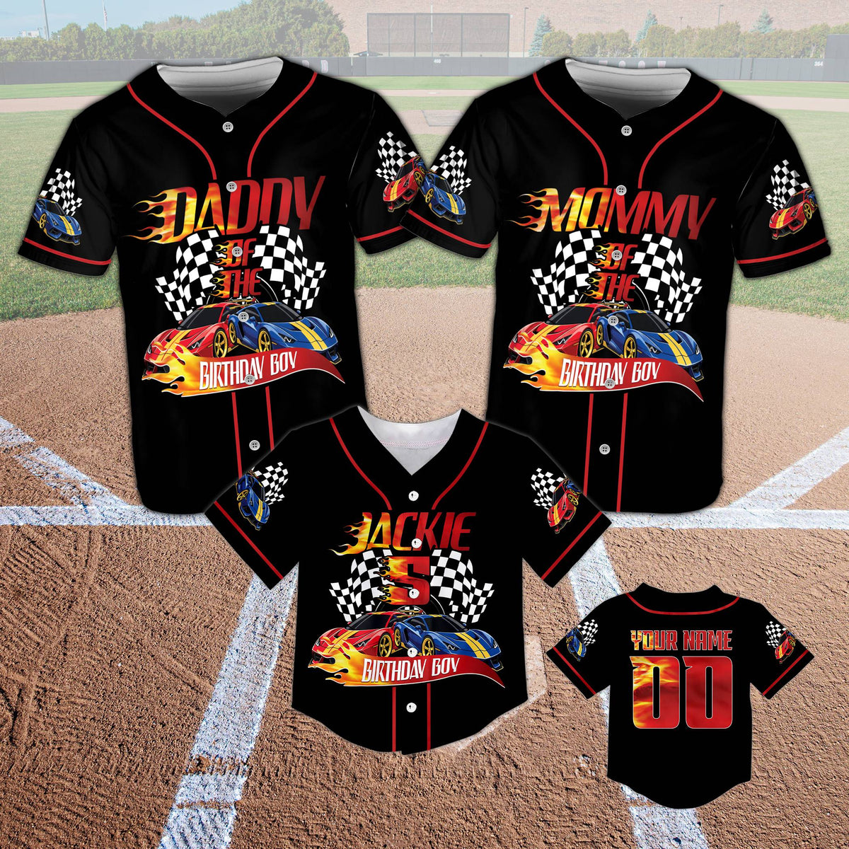 Front view of the personalized baseball jersey showcasing the racing theme and birthday graphics