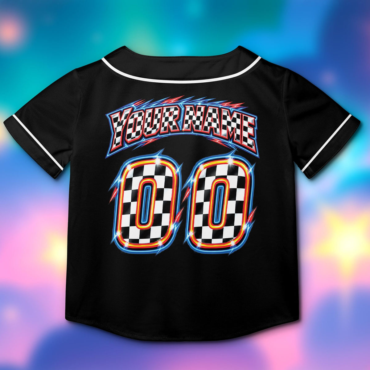 Back view of the personalized baseball jersey showing checkered pattern numbers