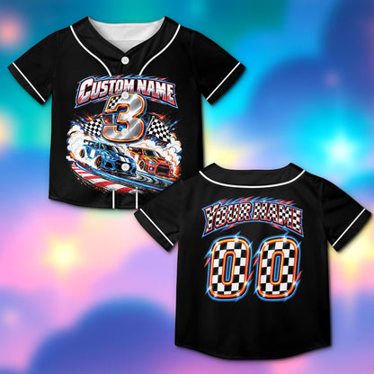 Front view of custom name and number racing baseball jersey in black