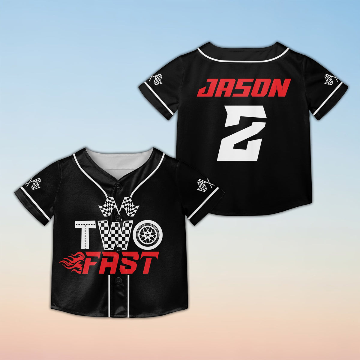 Personalized black racing baseball jersey with custom name and number, alternate front view