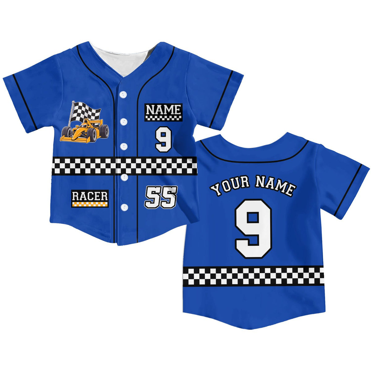 Blue racing baseball jersey with custom name and number, front view