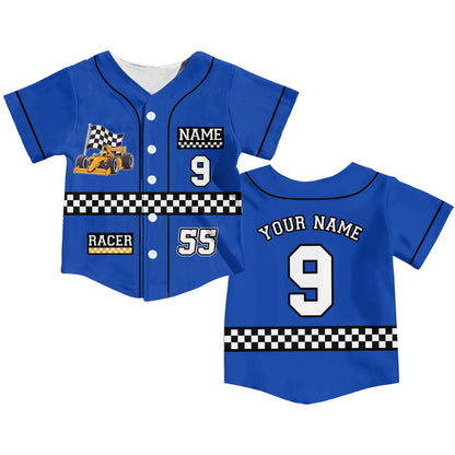 Blue racing baseball jersey with custom name and number, front view