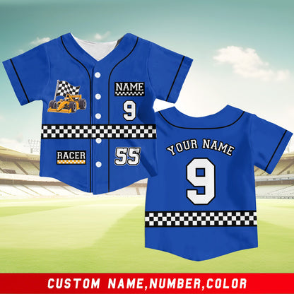 Light blue personalized baseball jersey with racing theme, front view