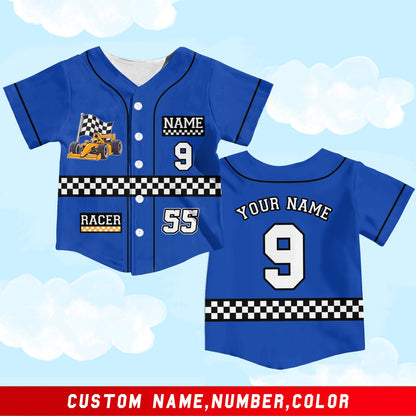 Blue and black racing theme baseball jersey, front view
