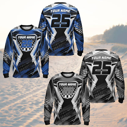 Front view of the racing baseball jersey showcasing the checkered flag and tire track design