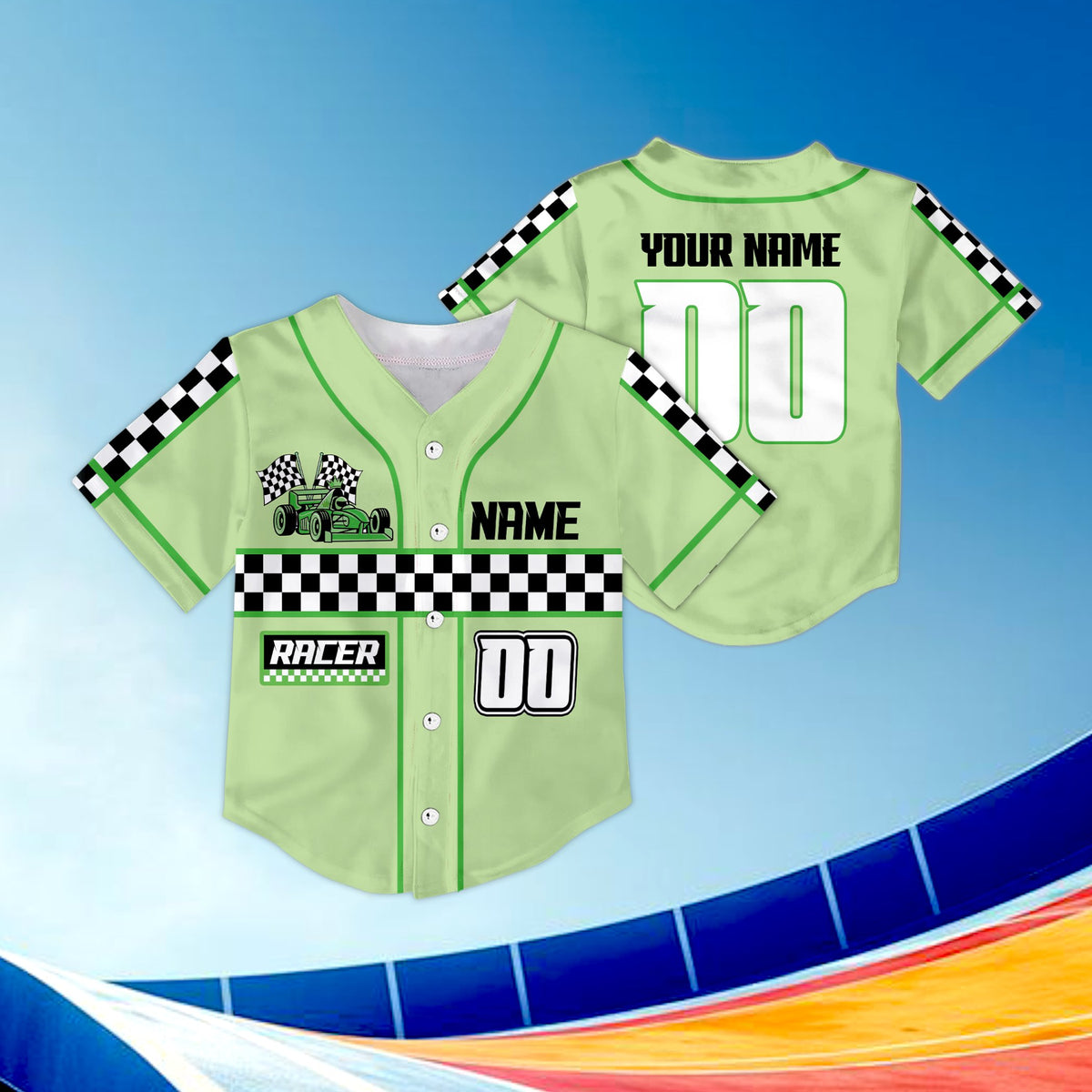 Front view of the green variant of the racing baseball jersey