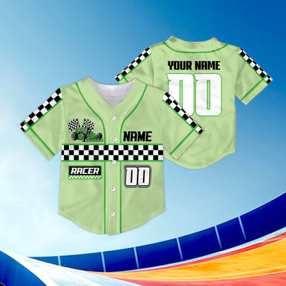 Front view of the green variant of the racing baseball jersey