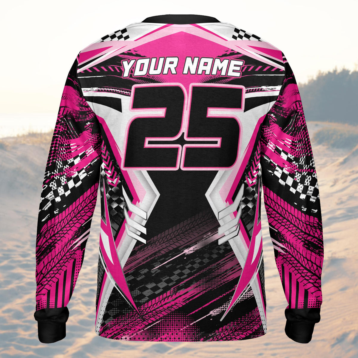 Back view of the personalized racing baseball jersey showing the large custom name and number