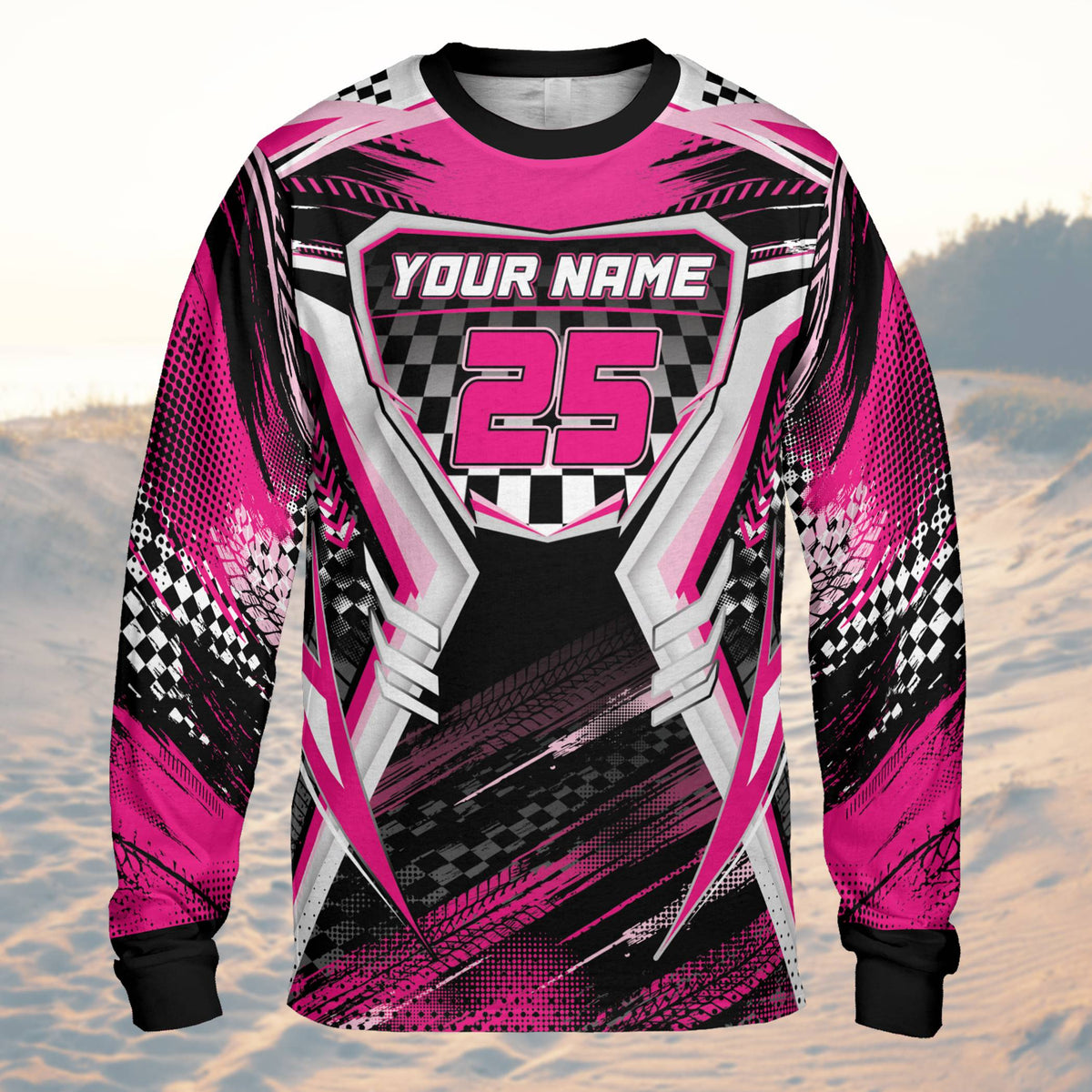 Main view of the personalized pink racing baseball jersey with custom name and number