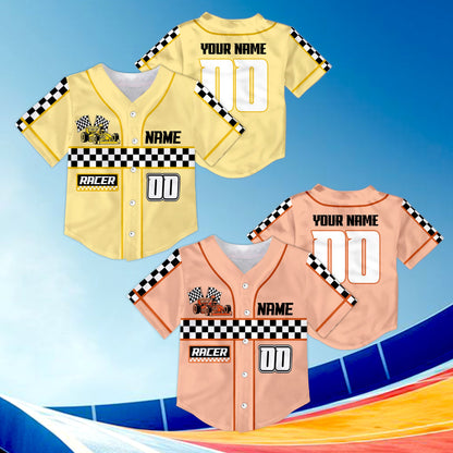 Front view of the customizable multicolor racing baseball jersey