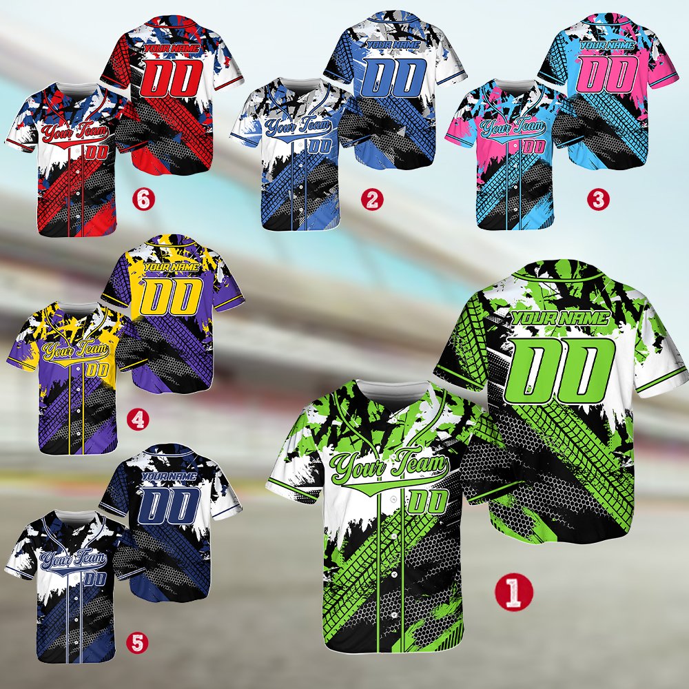 Detailed front view of custom baseball jersey with tire tracks