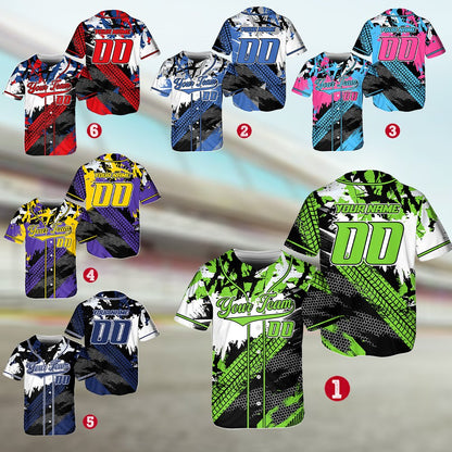 Detailed front view of custom baseball jersey with tire tracks