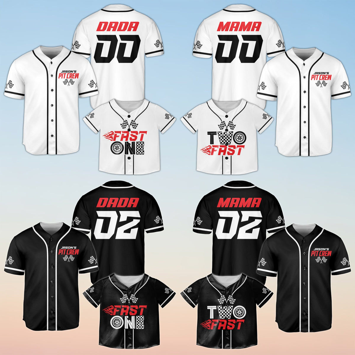 Group of personalized racing baseball jerseys in multiple colors, front view