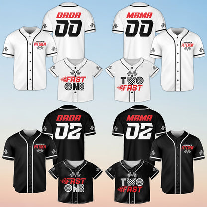 Group of personalized racing baseball jerseys in multiple colors, front view