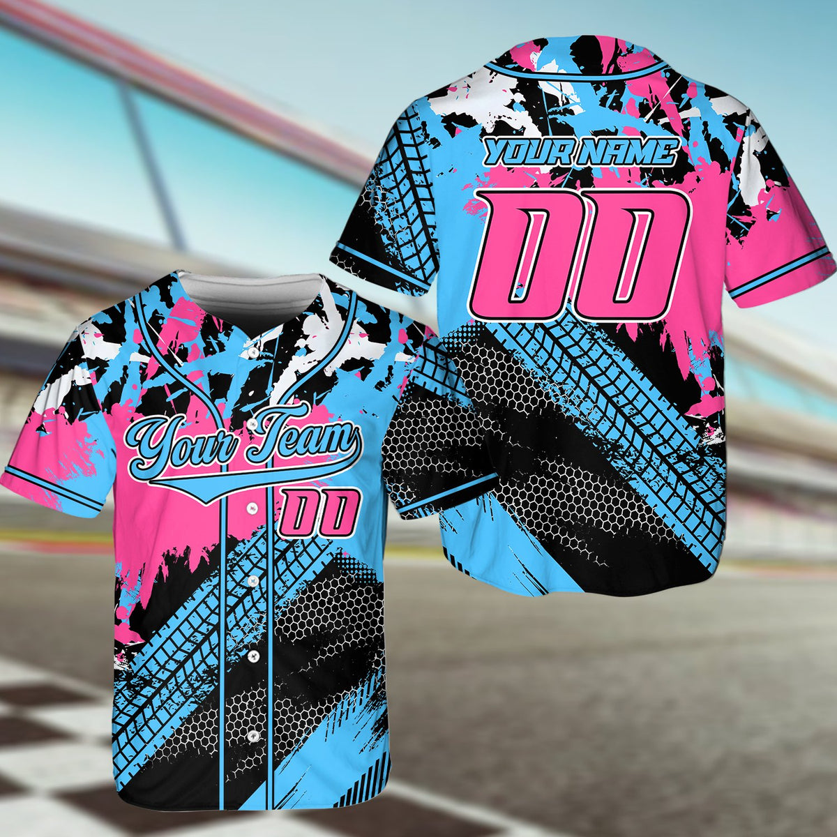 Personalized black racing baseball jersey front