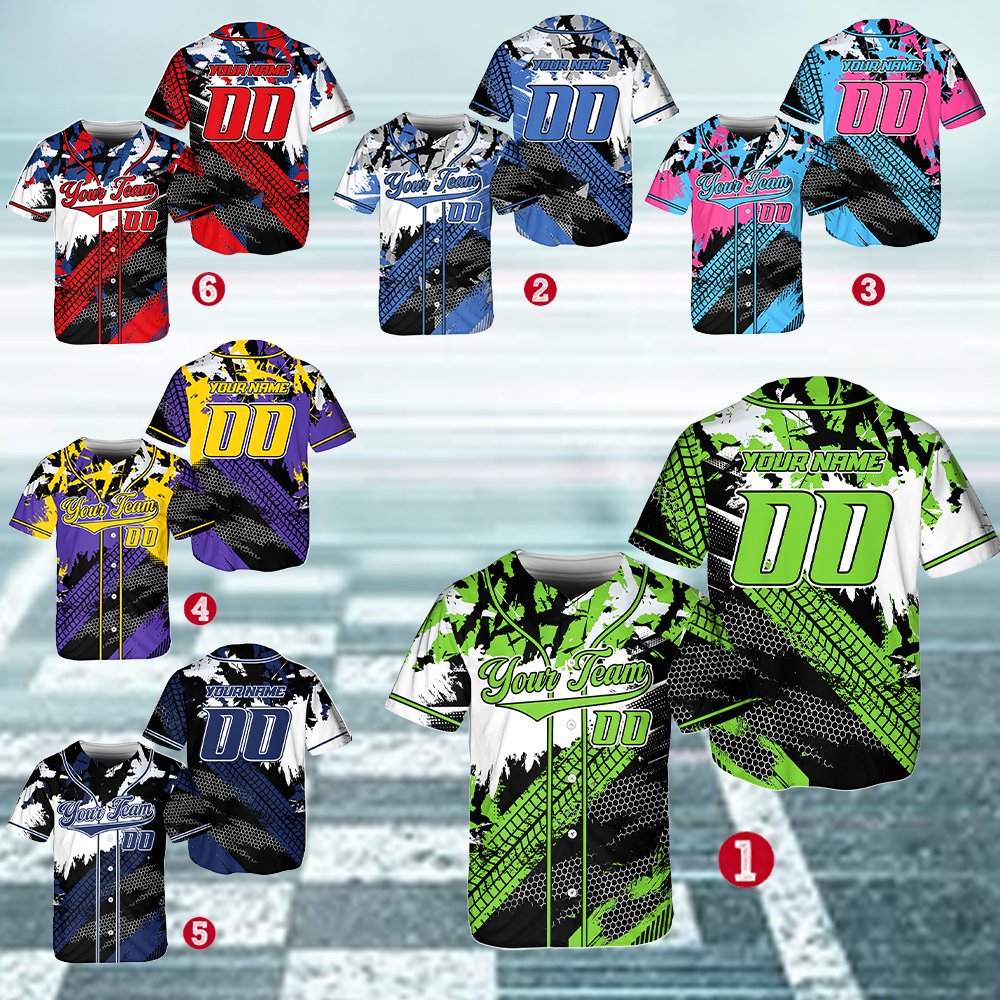 Black racing baseball jersey with custom name and number, main front view