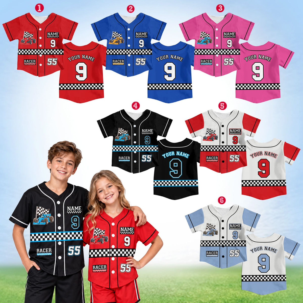 Multicolor racing themed baseball jersey featuring a custom name and number, front view