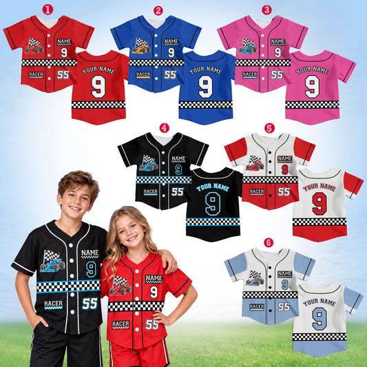 Multicolor racing themed baseball jersey featuring a custom name and number, front view