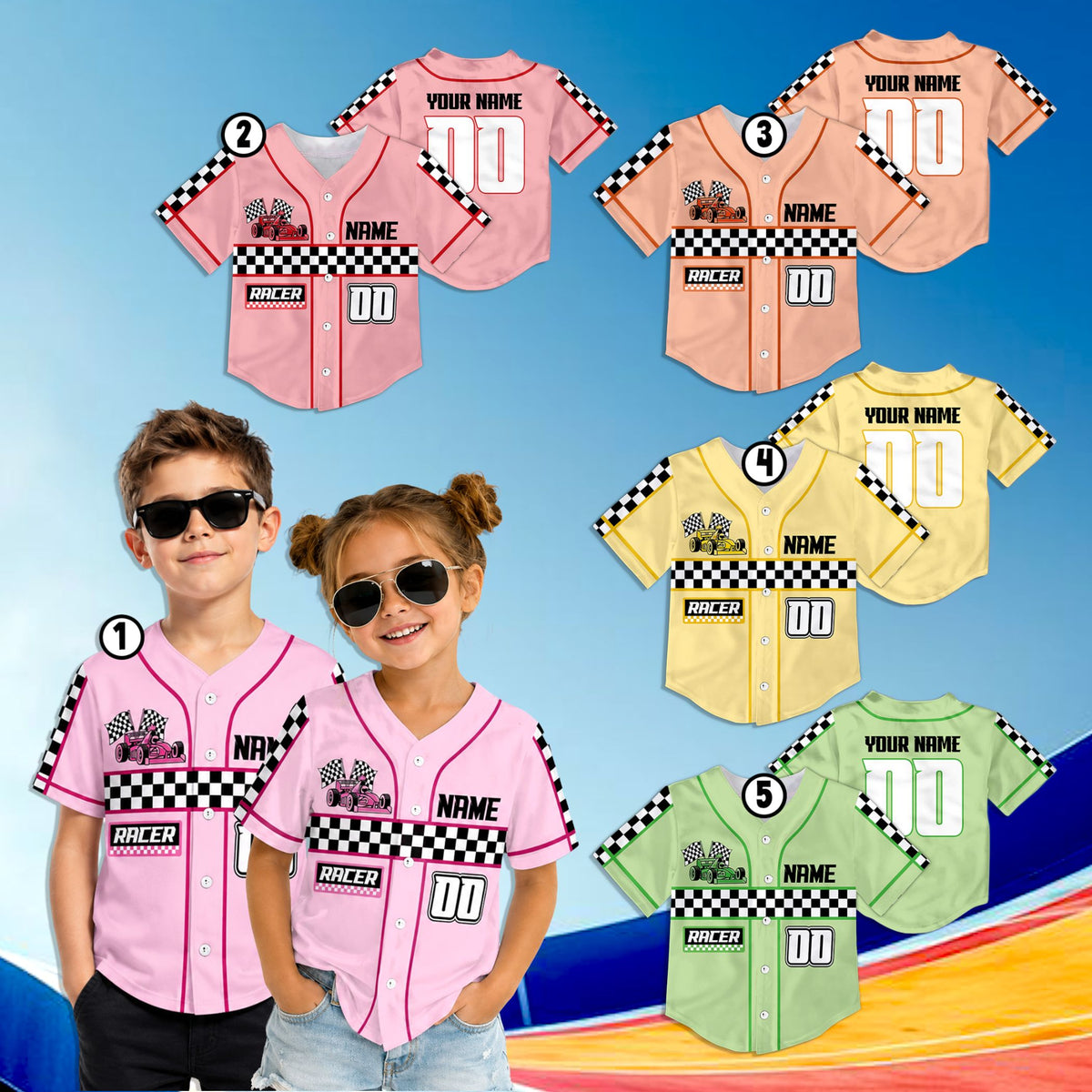 Lifestyle shot of a person wearing the personalized multicolor racing baseball jersey outdoors
