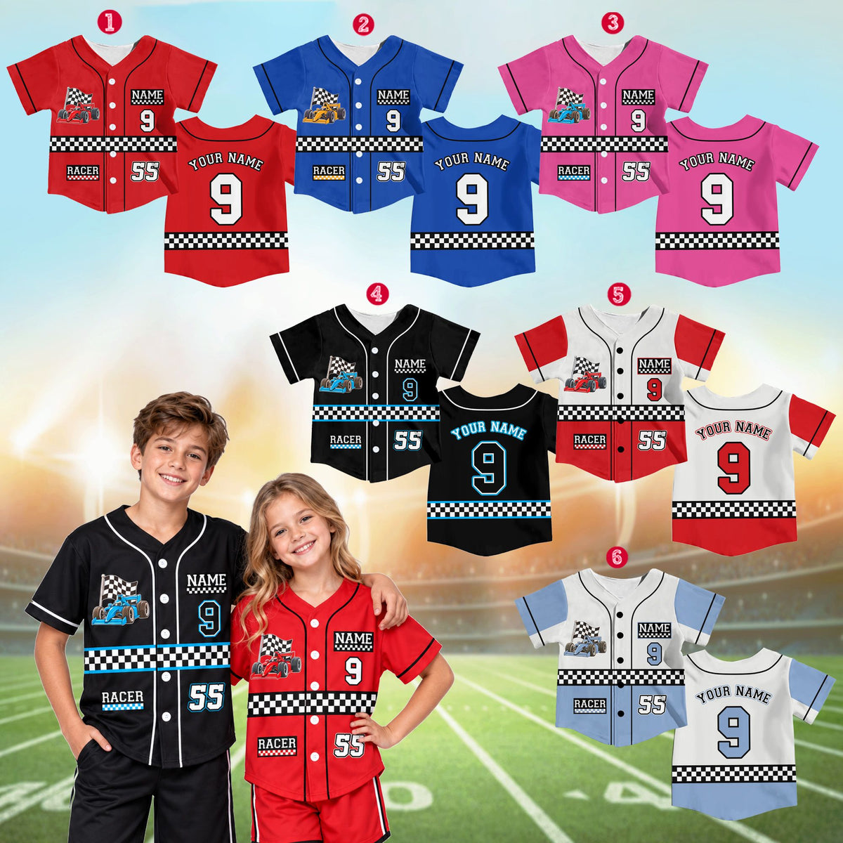 Lifestyle view of an adult wearing the multicolor racing personalized baseball jersey