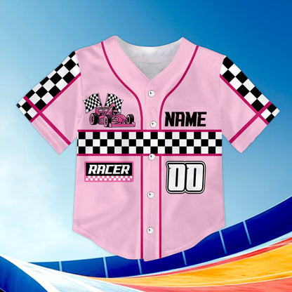 Front view of the personalized pink racing baseball jersey featuring checkered stripes and race car graphics