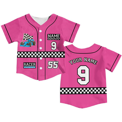 Pink racing baseball jersey with custom name and number, front view