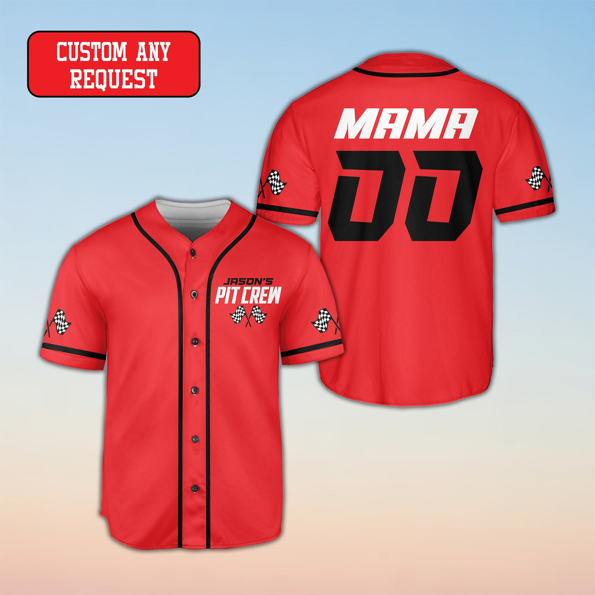 Custom name and number baseball jersey in red, front view