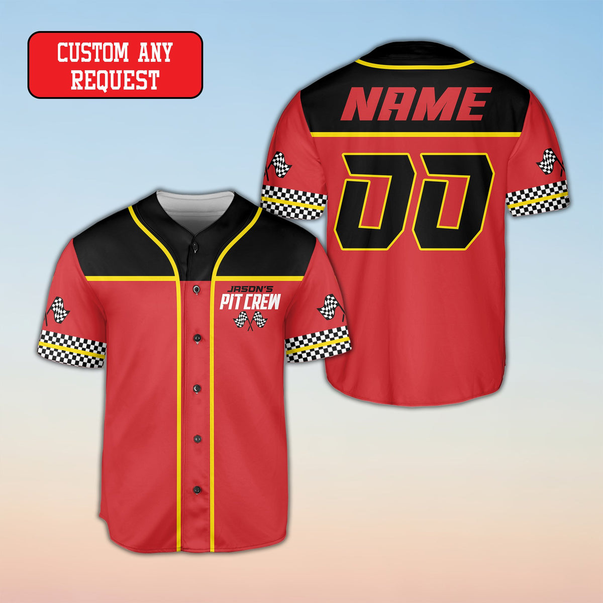 Checkered sleeve personalized baseball jersey front view