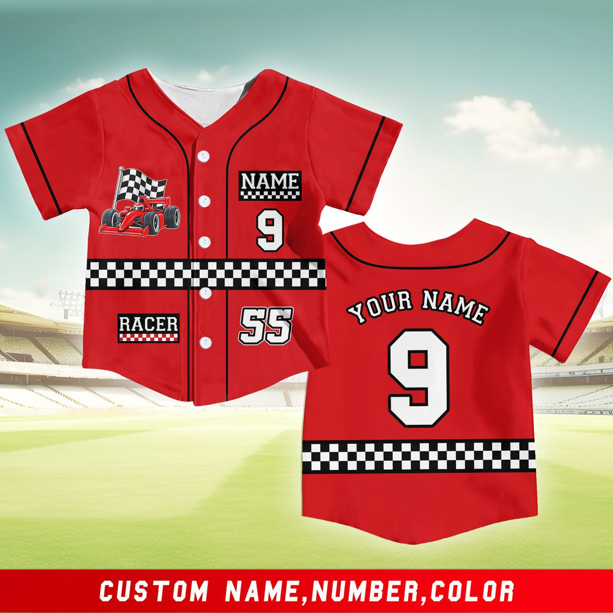 Red racing baseball jersey with checkered details and custom name, front view