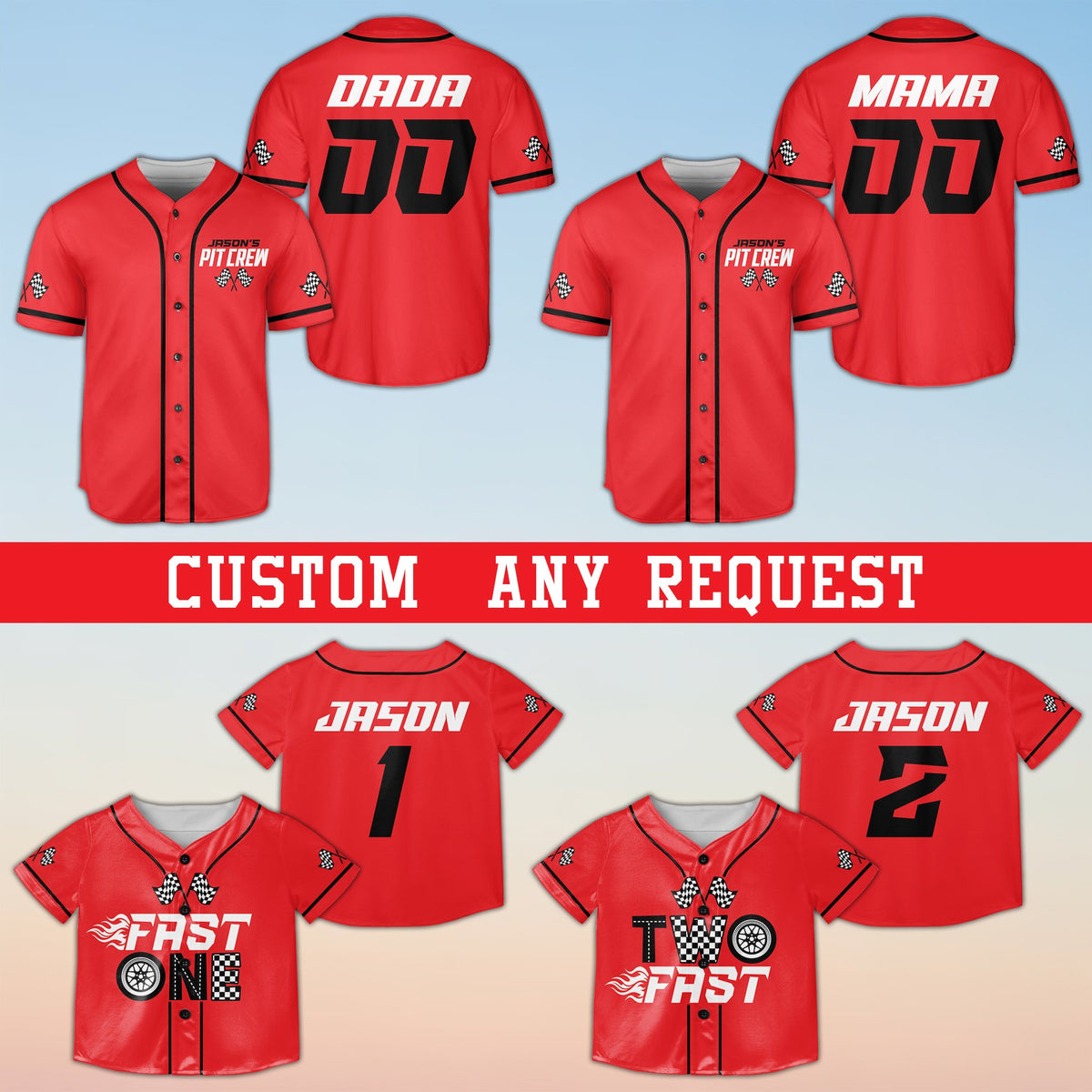 Front view of the red racing baseball jersey with pit crew graphics
