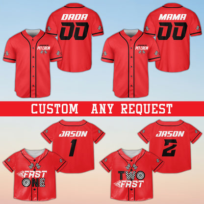 Front view of the red racing baseball jersey with pit crew graphics