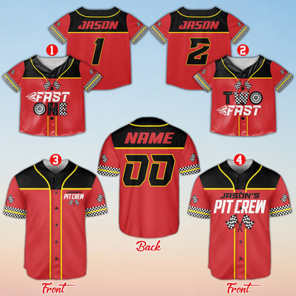 Personalized racing baseball jersey in red and black with custom name and number, front view