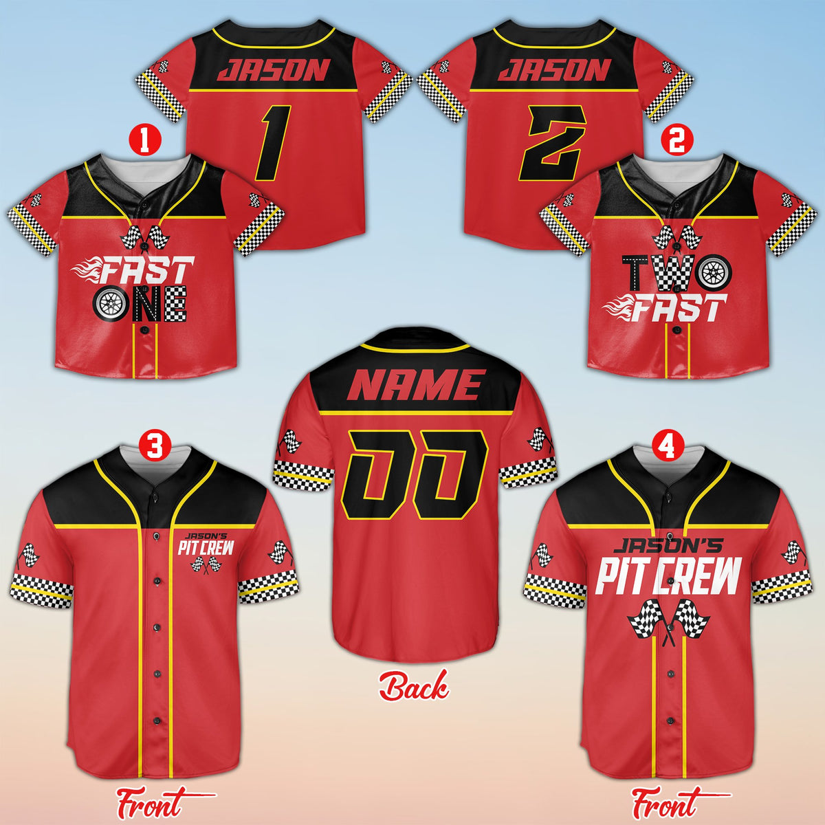 Red and black racing baseball jersey custom name front view