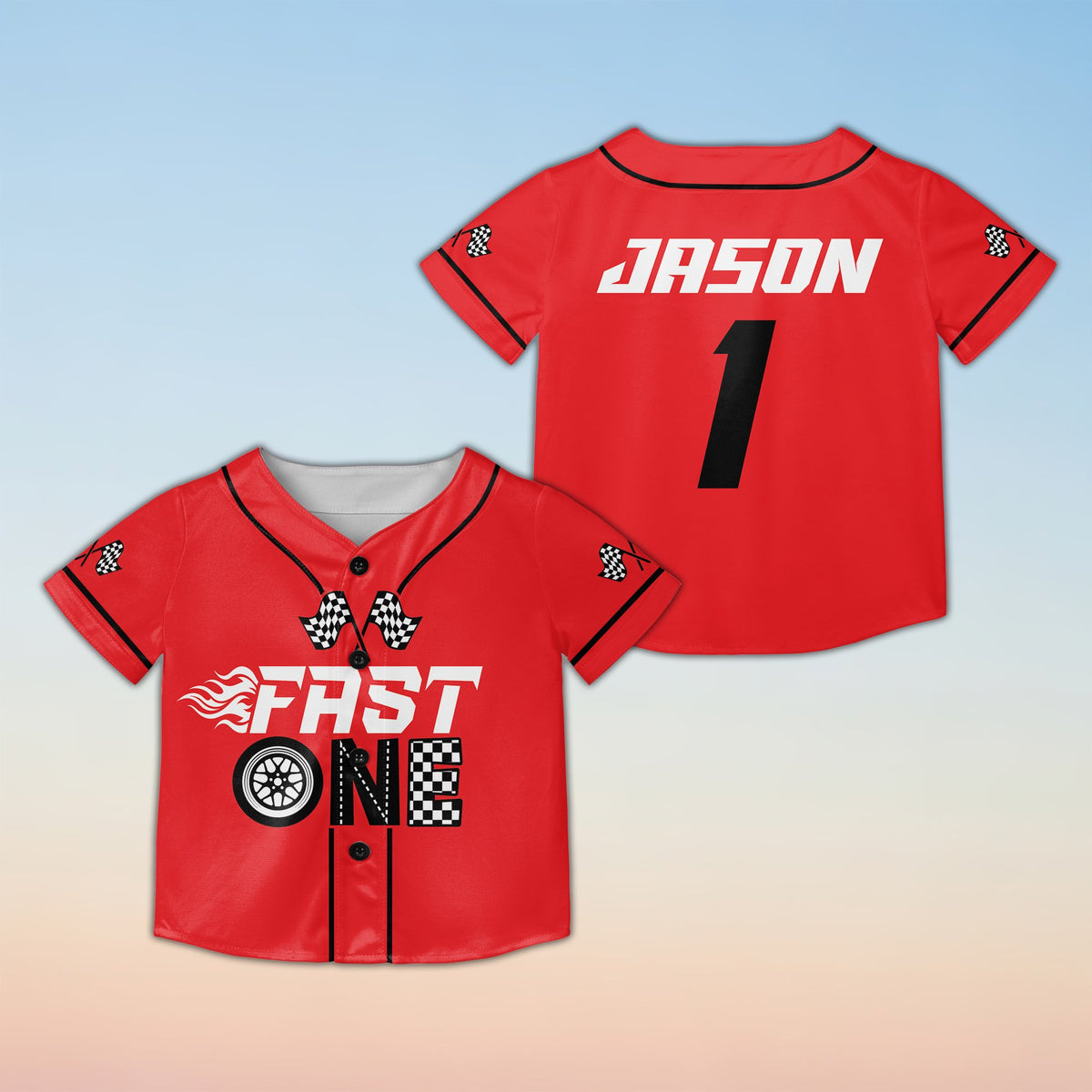 Personalized baseball jersey with racing pit crew design, front view