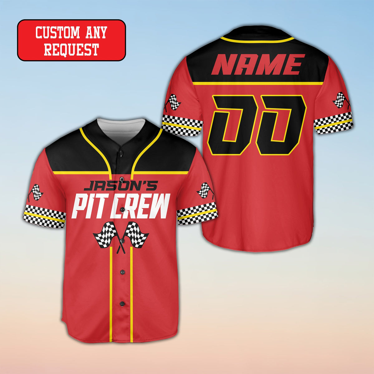 Racing themed custom baseball jersey red and black front view