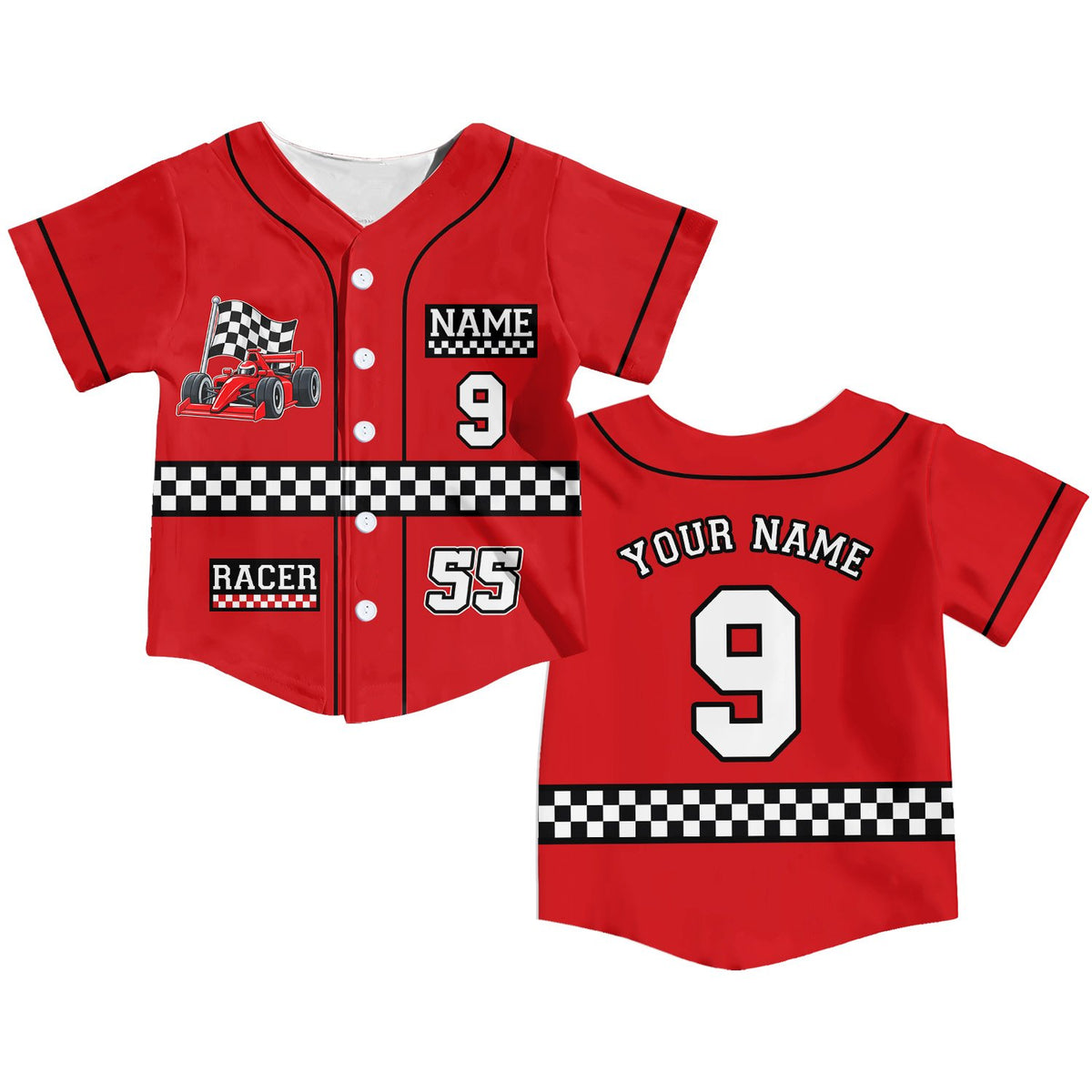 Red solid with checkered stripes baseball jersey, personalized design, front view