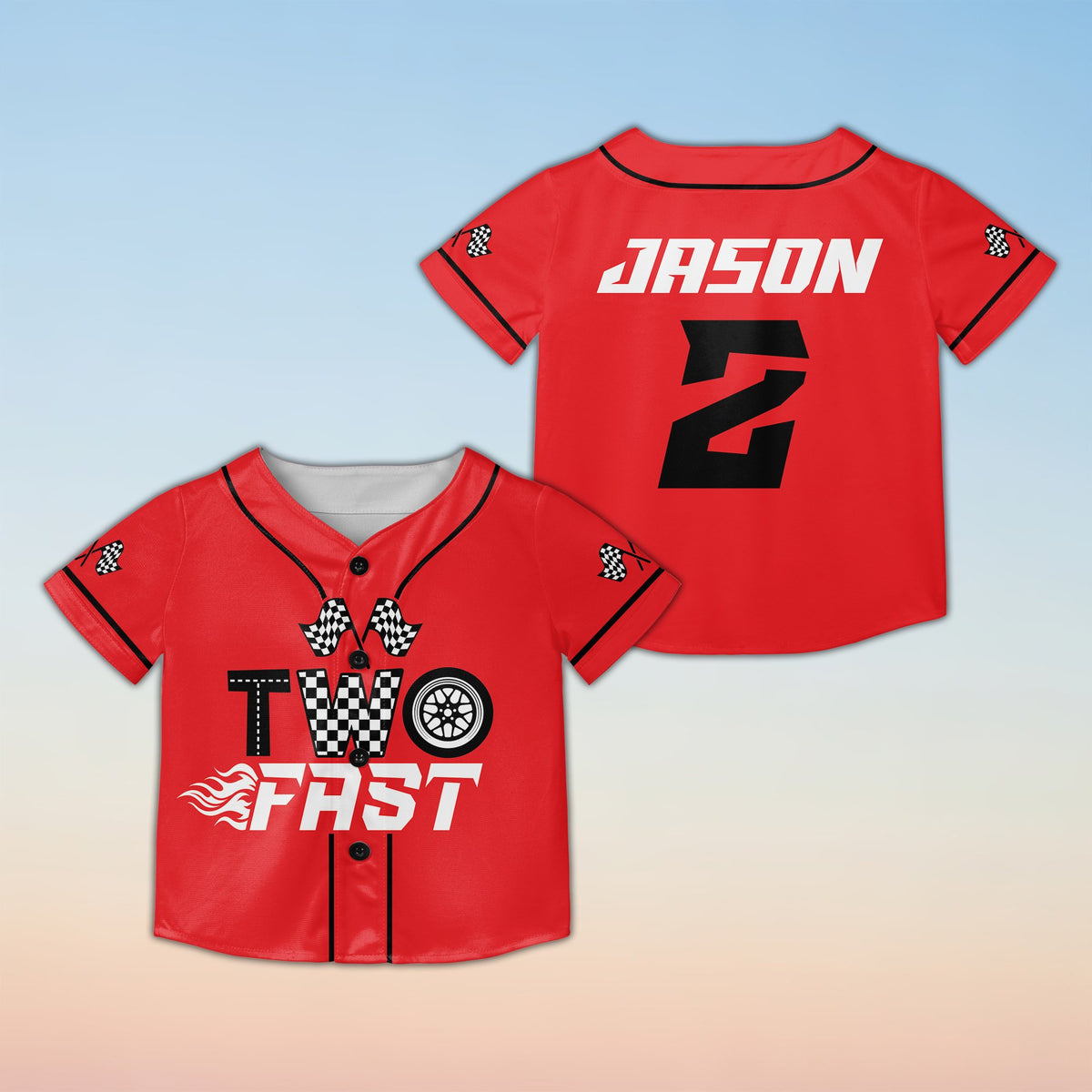 Red custom baseball jersey with checkered flag accents, front view