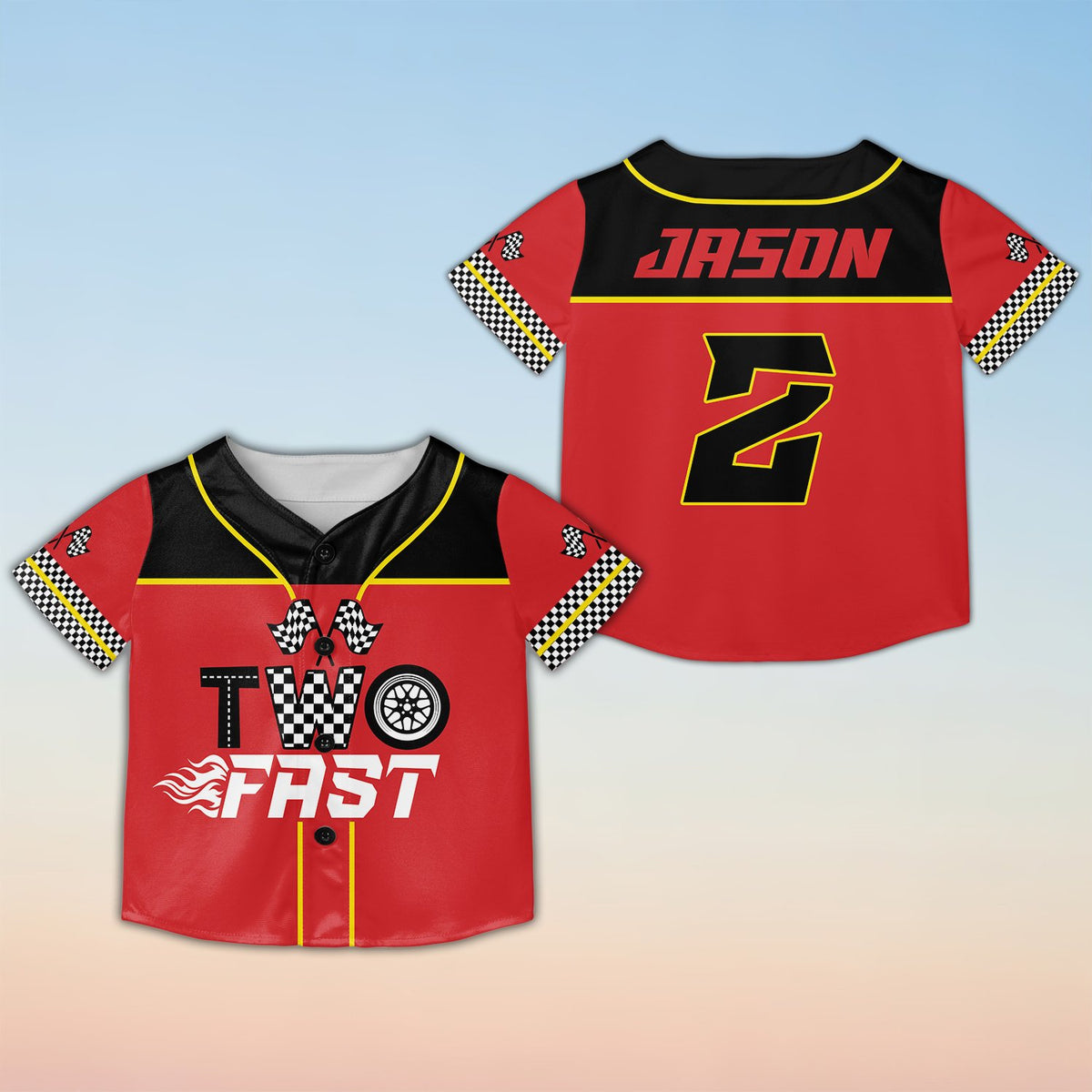 Close up of personalized racing baseball jersey front view