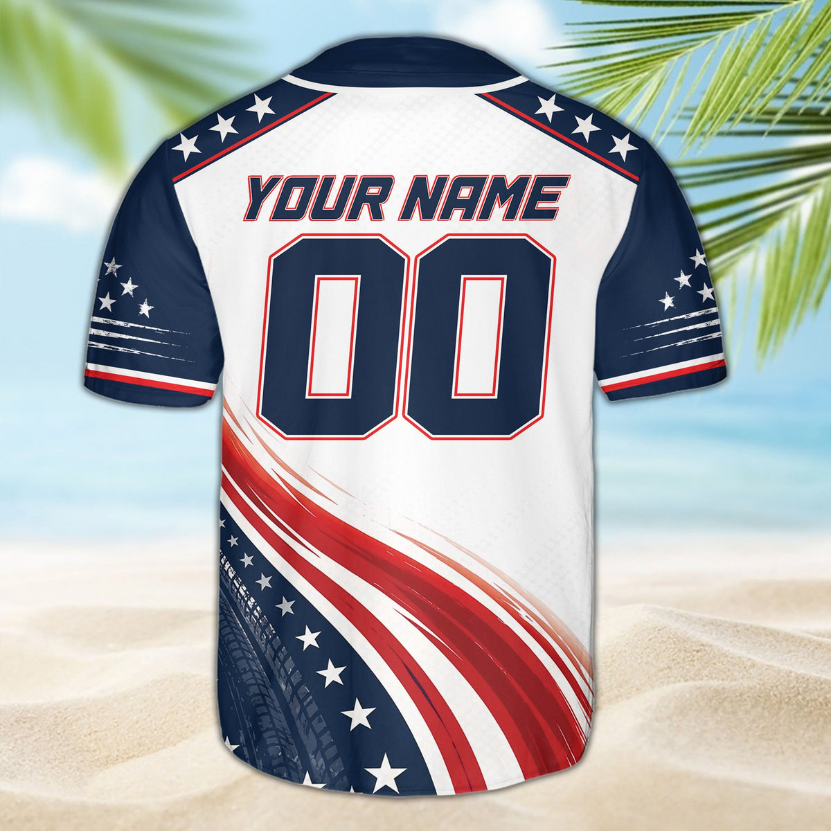 Back view of a white racing baseball jersey with personalized name and number