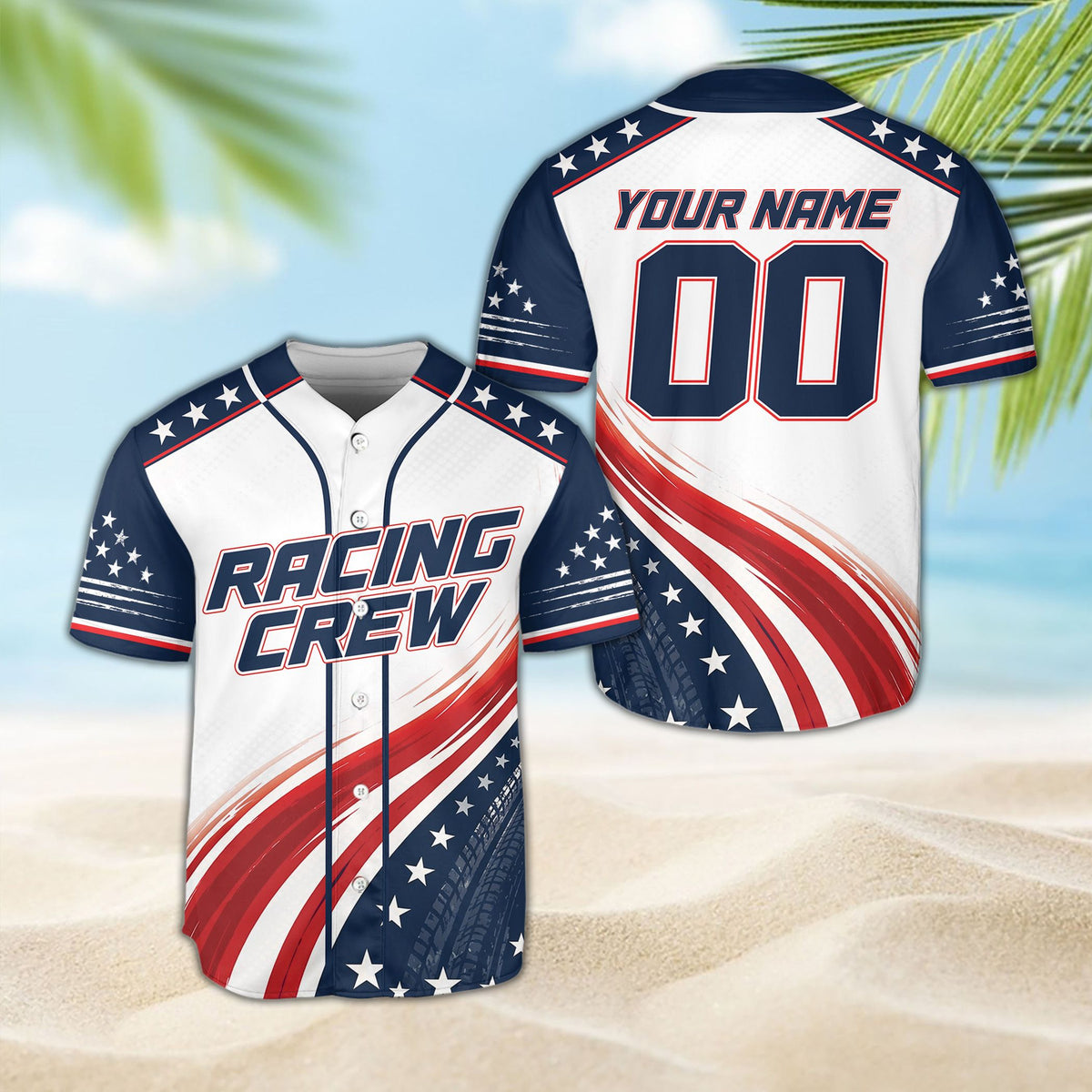 Detailed front view of a white racing baseball jersey featuring stars, stripes, and a Racing Crew graphic